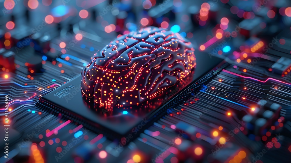 Poster artificial intelligence concept with a brain on a microchip, representing advanced technology and fu