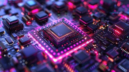 Obraz premium Close-up of a glowing microchip on a circuit board with vibrant neon lights, depicting advanced technology and futuristic electronics.