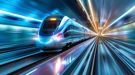 High-speed modern train racing through an illuminated tunnel at night, showcasing futuristic transportation and advanced technology.