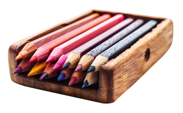 Different Color pencils wood multicolor rainbow in box wooden brown isolated on cut out PNG or transparent background. Children's art education school supplies. Use paint for art.