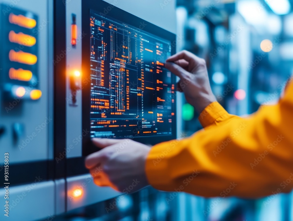 Poster a technician interacts with a control panel, managing data in a high-tech environment, showcasing mo