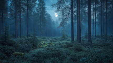 Fototapeta premium A Full Moon Shines Through a Misty Forest at Night