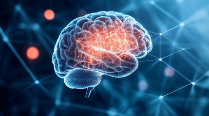 Fototapeta premium A translucent 3D model of the human brain with glowing neural pathways. A network of glowing lines extends from the brain. The background is a dark blue with red dots.