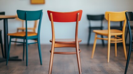 A vibrant array of colorful chairs in a modern cafe setting, showcasing design and comfort in an inviting atmosphere.