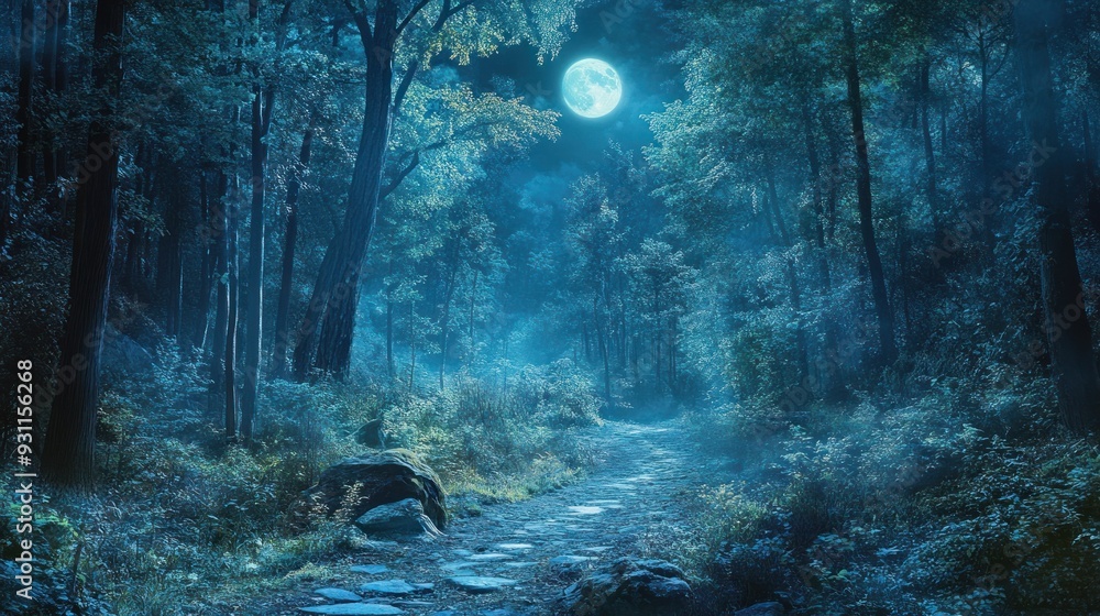 Poster Moonlight Illuminates a Path Through a Foggy Forest