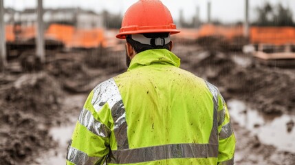 Construction worker in safety gear standing on a muddy construction site.