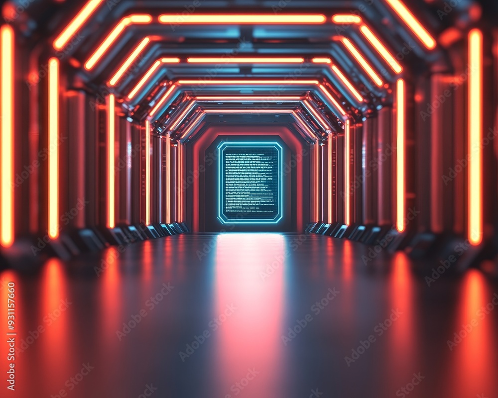 Poster futuristic tunnel with glowing neon lights, creating a vibrant pathway leading to an illuminated end