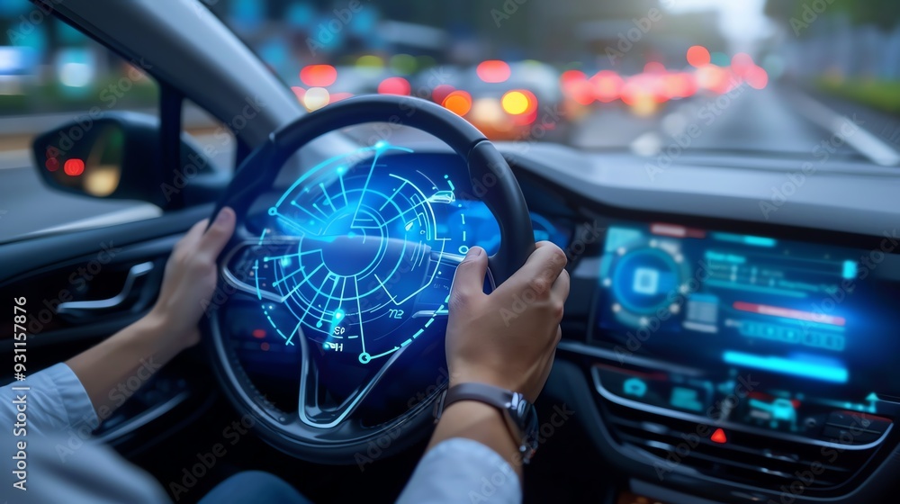 Poster driver using advanced augmented reality navigation system inside a modern car on a busy city street 