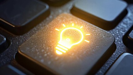 Macro close up pushing towards glowing lightbulb "Idea" icon key on a contemporary black computer keyboard.