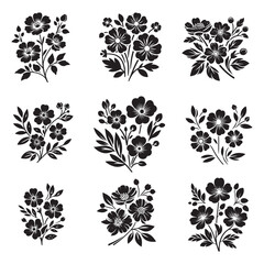 Vector black silhouettes of flowers isolated on a white background, Flowers silhouette, vector images illustration