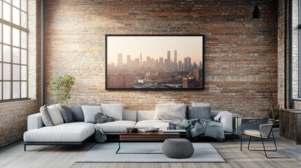 Fototapeta premium Modern Loft Living Room with Cityscape Artwork and Exposed Brick Wall