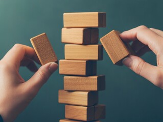 Hands building a wooden block tower, showcasing focus and determination in a creative game of skill and balance.