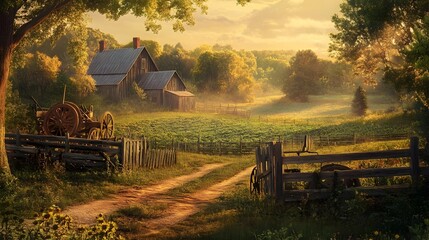 Naklejka premium Idyllic Pastoral Scene with Weathered Farming Tools and Lush Crops in Warm Impressionistic Style