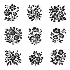 Vector black silhouettes of flowers isolated on a white background, Flowers silhouette, vector images illustration