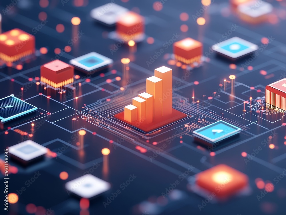Poster innovative visual representation of data analytics with vibrant bars and icons, showcasing growth an