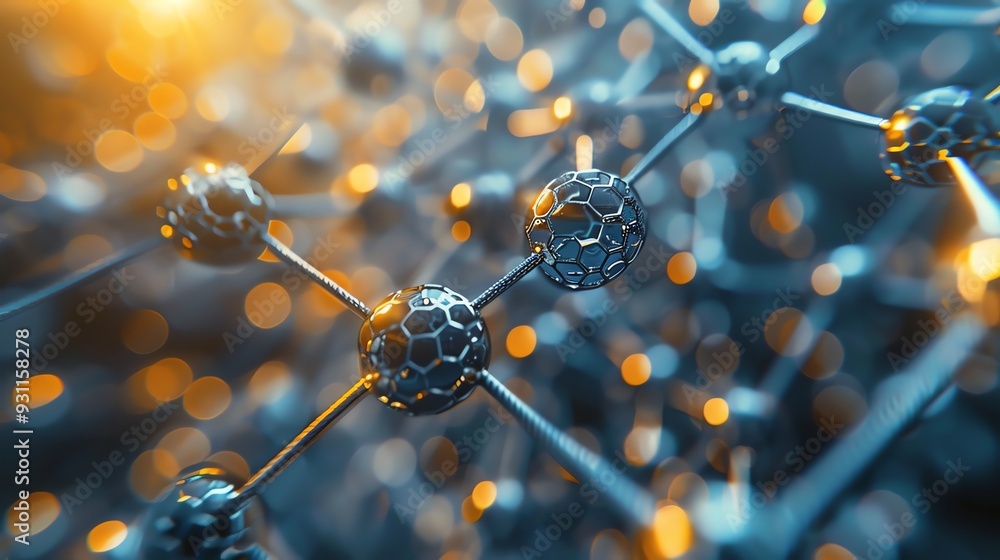Poster abstract representation of molecular structure, focused on nanotechnology, with glowing particles cr