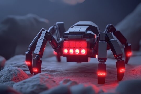 Futuristic robot spider on alien terrain at dusk