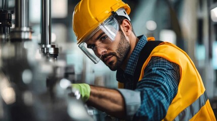 Male worker in hard hat and safety gear inspects machinery in a modern industrial facility, showcasing professionalism and focus.