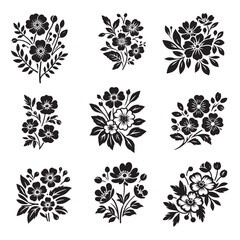 Vector black silhouettes of flowers isolated on a white background, Flowers silhouette, vector images illustration
