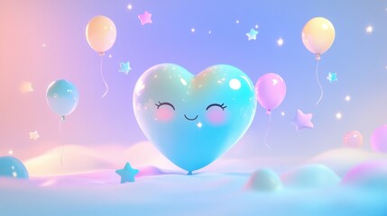 A cute, pastel-colored heart balloon surrounded by smaller balloons and stars in a dreamy setting.