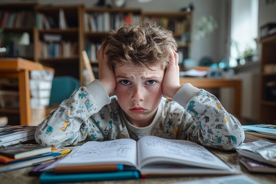 Frustrated young boy struggling with schoolwork at a cluttered desk, expressing stress and difficulty with studies, highlighting the challenges of homework and learning in an educational setting