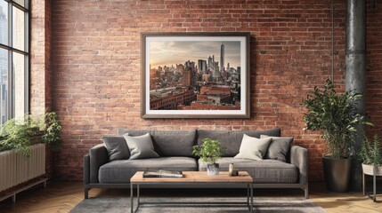 Modern Living Room with Brick Wall, Cityscape Artwork, and Gray Sofa