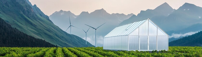 Obraz premium Modern greenhouse in a valley with mountains and wind turbines.