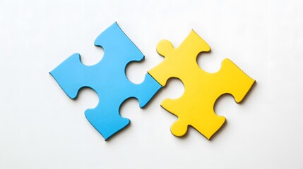 Obraz premium Two colored puzzle pieces connecting on a white background, symbolizing collaboration and connection in educational planning for special needs students, emphasizing inclusivity and teamwork