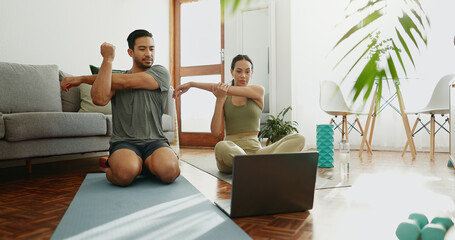 Man, woman and stretching with laptop, online class and warm up for exercise and muscle training at home. Workout, internet video and couple with sports, wellness and technology for health guide
