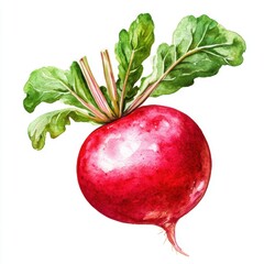 Watercolor painting of fresh red beetroot with leaves