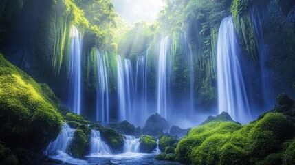 Fototapeta premium Multiple Waterfalls Cascading Through Lush Green Foliage