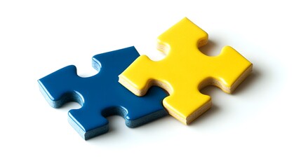 Obraz premium Two colored puzzle pieces connecting on a white background, symbolizing collaboration and connection in educational planning for special needs students, emphasizing inclusivity and teamwork
