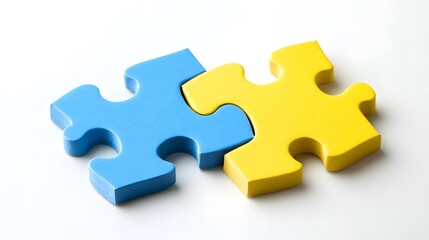 Two colored puzzle pieces connecting on a white background, symbolizing collaboration and connection in educational planning for special needs students, emphasizing inclusivity and teamwork