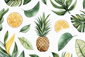 Tropical fruit foliage pattern with pineapple lemon slices