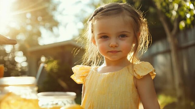 Little girl running a lemonade stand small business selective focus backyard whimsical overlay
