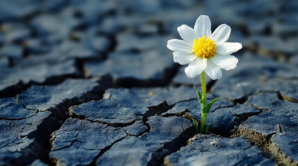 A solitary flower blooms in cracked earth, symbolizing resilience.