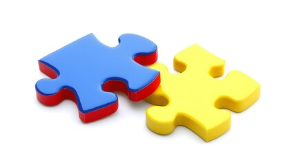 Fototapeta premium Two colored puzzle pieces connecting on a white background, symbolizing collaboration and connection in educational planning for special needs students, emphasizing inclusivity and teamwork