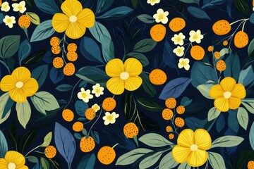 Vibrant floral pattern with yellow flowers berries