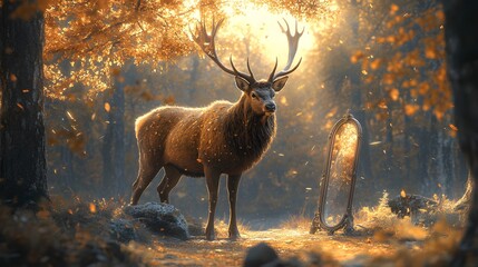 Majestic Deer in Autumn Forest with Mirror.