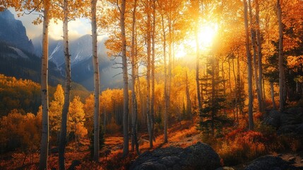 Obraz premium Golden Aspens Gleaming in the Morning Sun with Mountains in the Background
