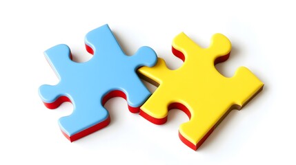 Obraz premium Two colored puzzle pieces connecting on a white background, symbolizing collaboration and connection in educational planning for special needs students, emphasizing inclusivity and teamwork