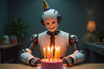 The white robot is celebrating his birthday and has a cake. Generative AI