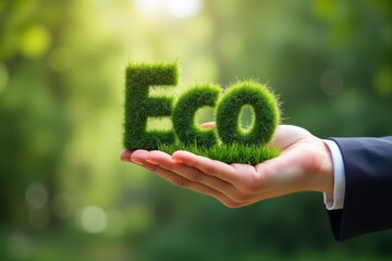 The word Eco made from grass is placed on the hands of a businessman. Generative AI