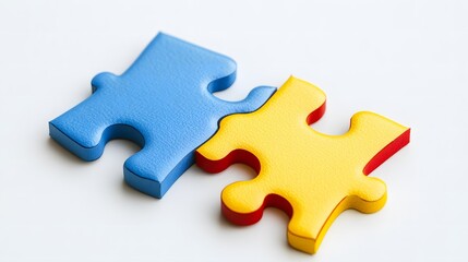 Obraz premium Two colored puzzle pieces connecting on a white background, symbolizing collaboration and connection in educational planning for special needs students, emphasizing inclusivity and teamwork