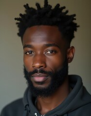 Fototapeta premium Portrait of a young African American man with a beard and curly hair, wearing a grey hoodie.