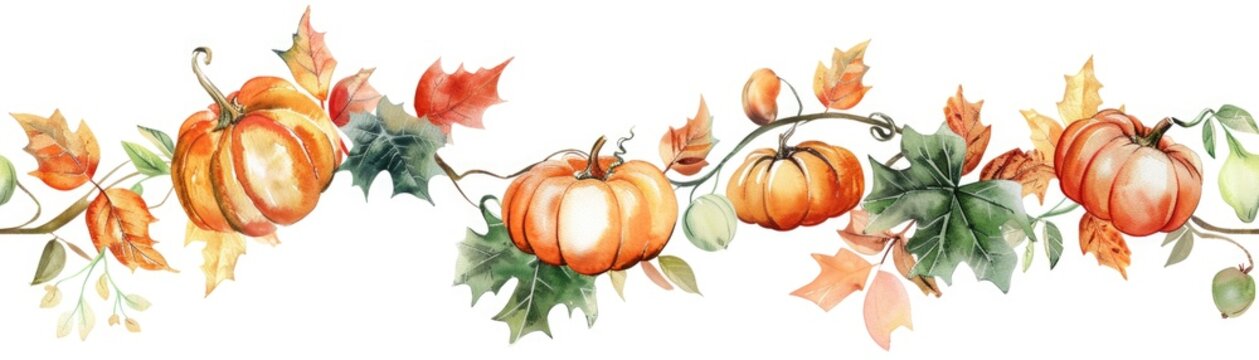 Autumn-themed watercolor border with pumpkins, leaves, and vines, painted in warm, seasonal colors. ai