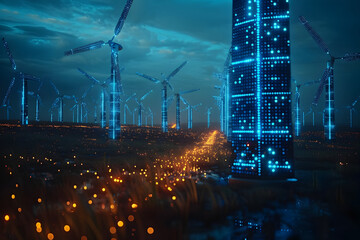 Advanced Monitoring Renewable Energy Grids in Sleek High Tech Futuristic Blue Sci Fi Cityscape