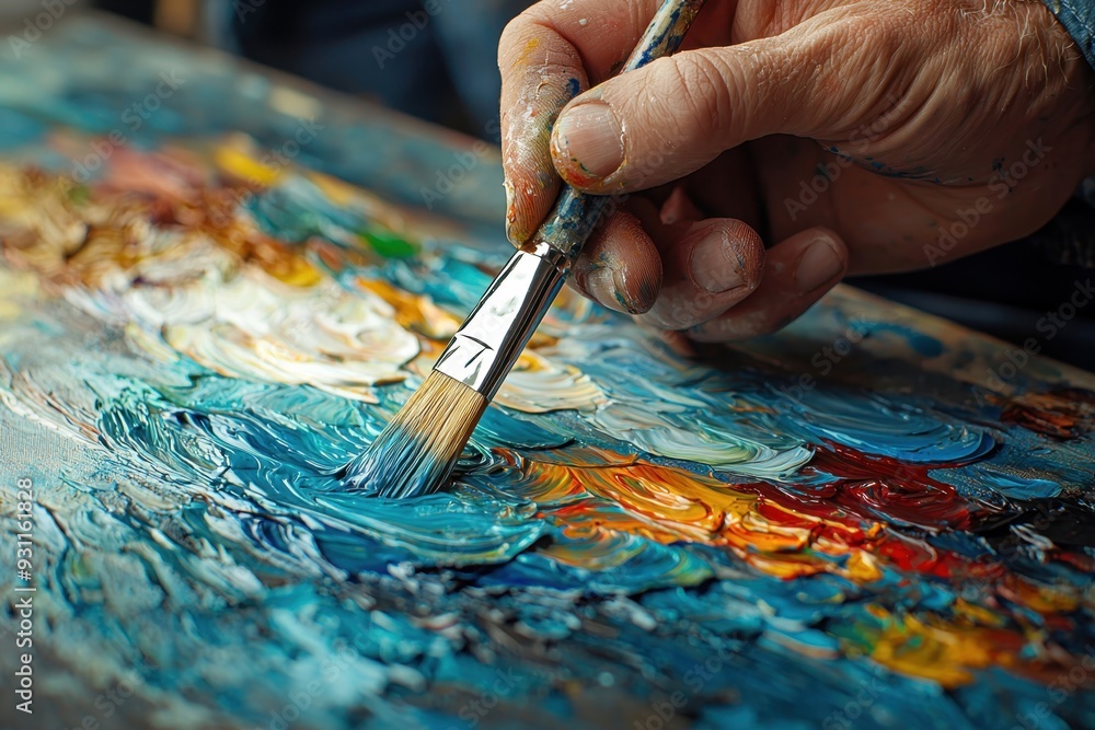 Aufkleber close-up of hands applying fresh paint to a canvas with a brush, highlighting the artistic process a