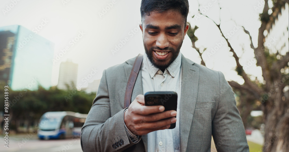 Wall mural Man, phone and smile in city for commute, travel and public transport schedule on street. Business person, mobile to happy on sidewalk with online taxi service, update and heading to work in New York