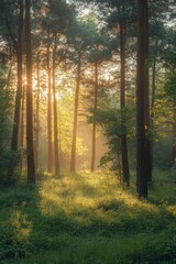 Fototapeta premium Serene Forest with Sun Rays and Mist